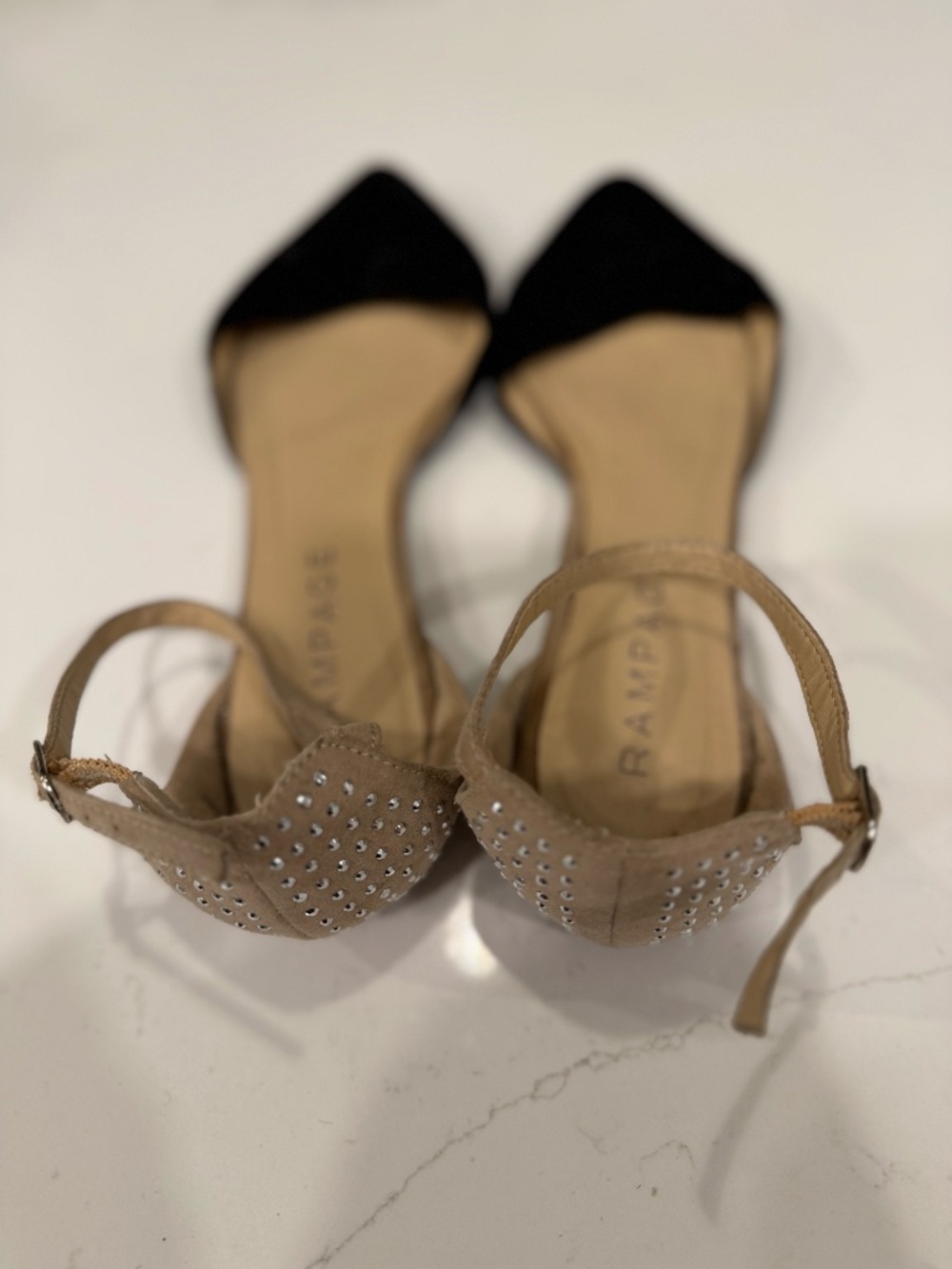 Rampage Black Pointed Toe d'Orsay Flats Nude Rhinestone Ankle Strap Size 8